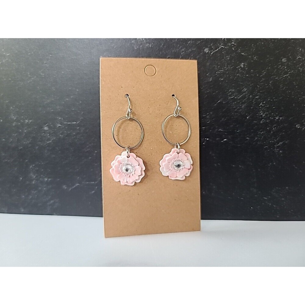 Polymer Clay Pink Floral Dangling Pierced Earrings New